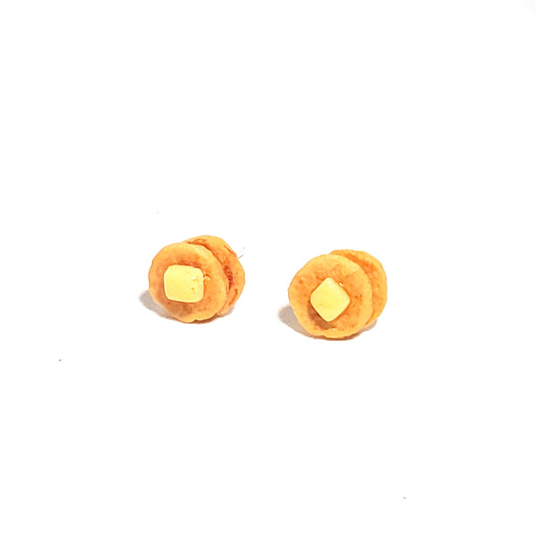 Miniature Food Jewelry, Tiny Double Stack Pancake with Butter Stud earrings