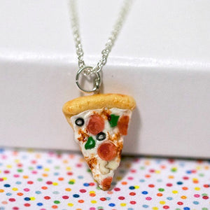 Miniature Supreme Pizza Pepperoni Green Pepper Olive Necklace with Silver Plated Chain