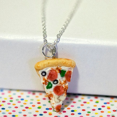 Miniature Supreme Pizza Pepperoni Green Pepper Olive Necklace with Silver Plated Chain