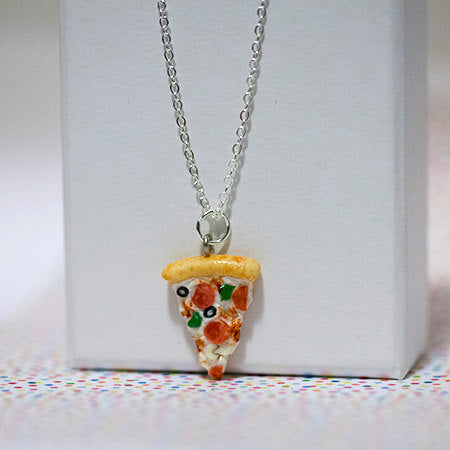 Miniature Supreme Pizza Pepperoni Green Pepper Olive Necklace with Silver Plated Chain