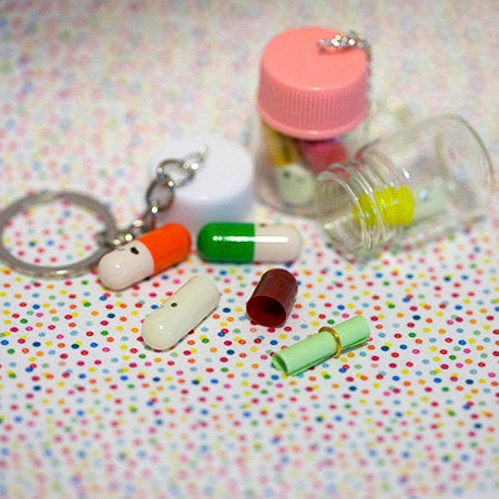 Miniature Happy Pills Bottle in Key chain or Necklace, Message in a bottle,Message pills