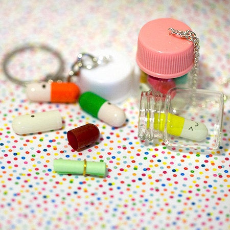 Miniature Happy Pills Bottle in Key chain or Necklace, Message in a bottle,Message pills