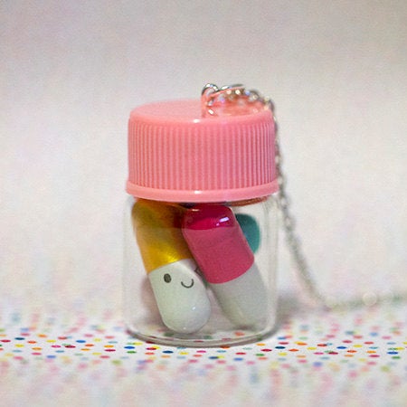 Miniature Happy Pills Bottle in Key chain or Necklace, Message in a bottle,Message pills