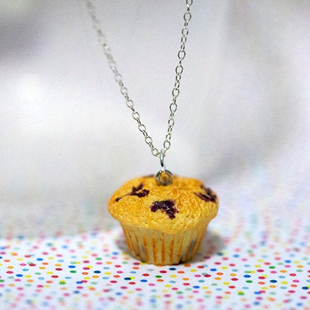 Miniature Food Necklace Blueberry Muffin with Silver Plated Chain