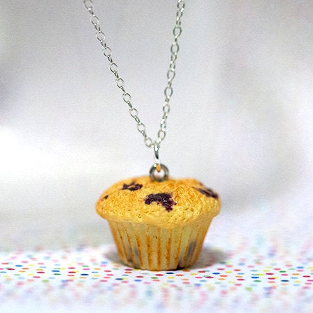 Miniature Food Necklace Blueberry Muffin with Silver Plated Chain