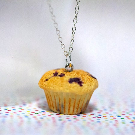 Miniature Food Necklace Blueberry Muffin with Silver Plated Chain