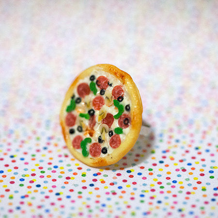 Miniature Food Ring Supreme Pizza Pepperoni Green Pepper Mushroom with adjustable ring band