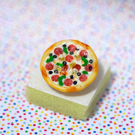 Miniature Food Ring Supreme Pizza Pepperoni Green Pepper Mushroom with adjustable ring band