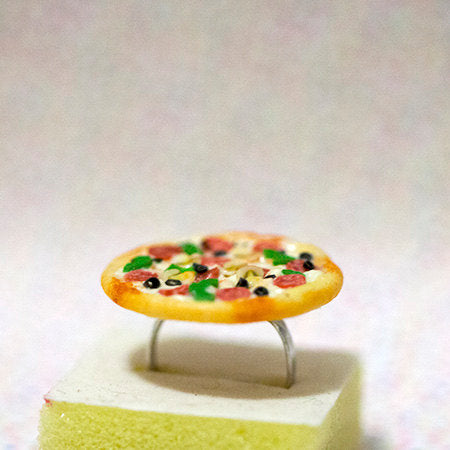 Miniature Food Ring Supreme Pizza Pepperoni Green Pepper Mushroom with adjustable ring band