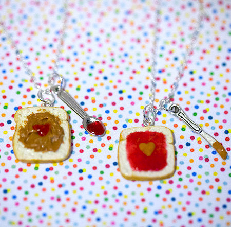 Miniature Cute BFF Peanut Butter Jelly Heart Necklace Set with knife and spoon- Best Friend Forever