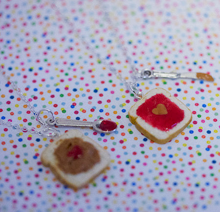 Miniature Cute BFF Peanut Butter Jelly Heart Necklace Set with knife and spoon- Best Friend Forever