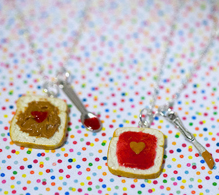 Miniature Cute BFF Peanut Butter Jelly Heart Necklace Set with knife and spoon- Best Friend Forever