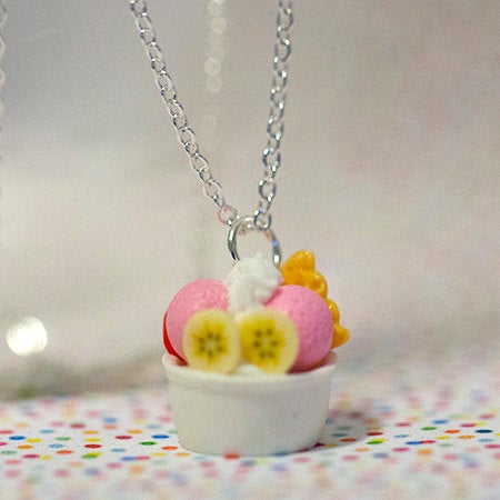 Miniature Ice Cream Sundae Frozen Yogurt Dessert Necklace Crossisant with Silver Plated Chain