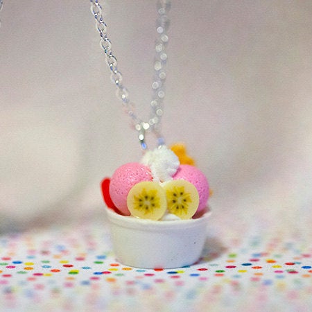 Miniature Ice Cream Sundae Frozen Yogurt Dessert Necklace Crossisant with Silver Plated Chain