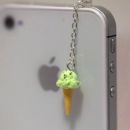 Mint Chocolate Ice Cream Cone dust plug, phone charm, cell phone strap, iphone, ipad