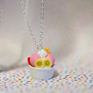 Miniature Ice Cream Sundae Frozen Yogurt Dessert Necklace Crossisant with Silver Plated Chain