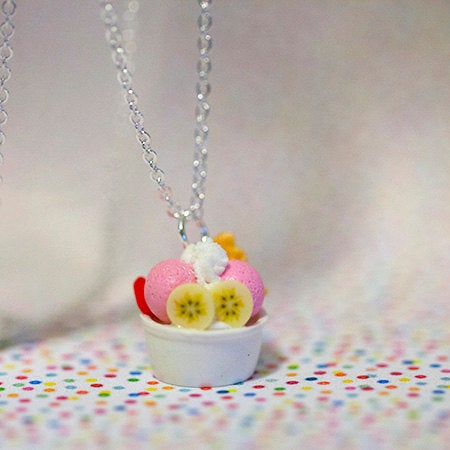 Miniature Ice Cream Sundae Frozen Yogurt Dessert Necklace Crossisant with Silver Plated Chain