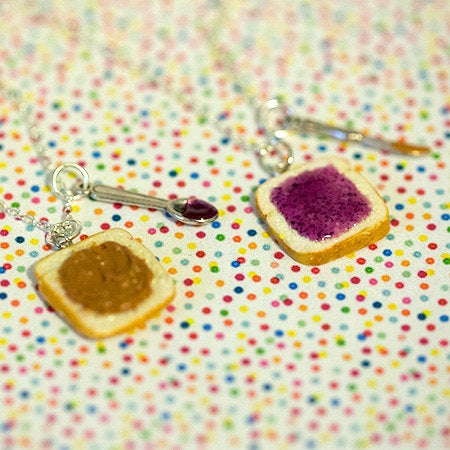 Miniature Cute BFF Peanut Butter Grape Jelly Heart Necklace Set with knife and spoon- Best Friend Forever