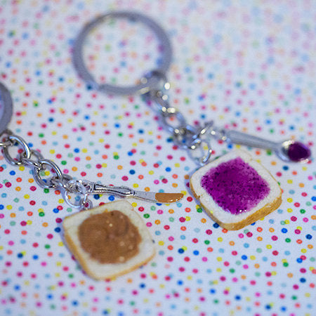 Miniature Cute BFF Peanut Butter Grape Jelly Keychain Set with knife and spoon- Best Friend Forever