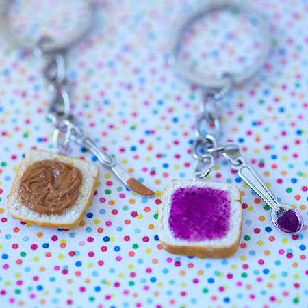 Miniature Cute BFF Peanut Butter Grape Jelly Keychain Set with knife and spoon- Best Friend Forever