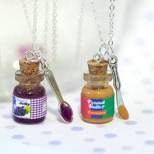 Miniature Cute Peanut Butter or Grape Jelly Jar Necklace with knife and spoon- Best Friend Forever