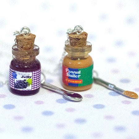 Miniature Cute Peanut Butter or Grape Jelly Jar Necklace with knife and spoon- Best Friend Forever