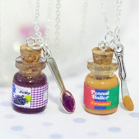 Miniature Cute Peanut Butter or Grape Jelly Jar Necklace with knife and spoon- Best Friend Forever