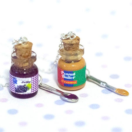 Miniature Cute Peanut Butter or Grape Jelly Jar Necklace with knife and spoon- Best Friend Forever