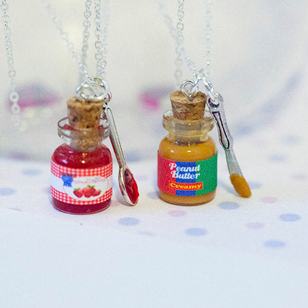 Miniature Cute BFF Peanut Butter Strawberry Jelly Jar Necklace Set with knife and spoon- Best Friend Forever