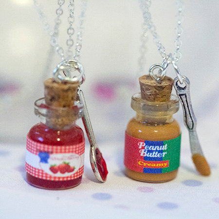 Miniature Cute BFF Peanut Butter Strawberry Jelly Jar Necklace Set with knife and spoon- Best Friend Forever