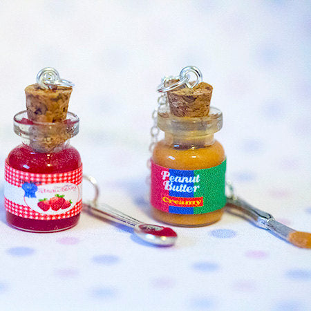 Miniature Cute BFF Peanut Butter Strawberry Jelly Jar Necklace Set with knife and spoon- Best Friend Forever