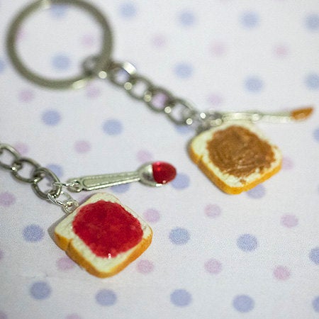 Miniature Cute BFF Peanut Butter Strawberry Jelly Keychain Set with knife and spoon- Best Friend Forever