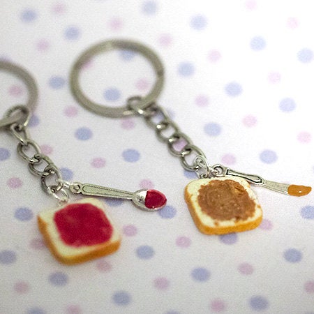 Miniature Cute BFF Peanut Butter Strawberry Jelly Keychain Set with knife and spoon- Best Friend Forever