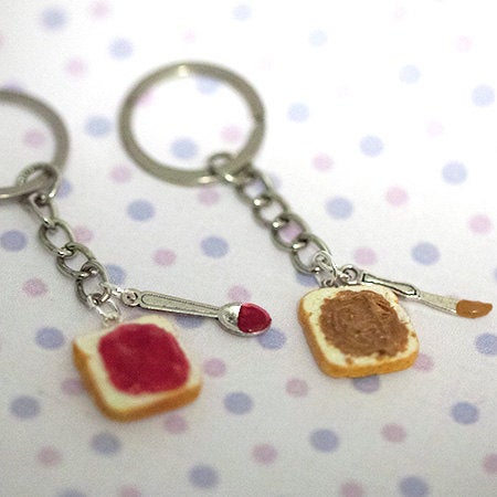 Miniature Cute BFF Peanut Butter Strawberry Jelly Keychain Set with knife and spoon- Best Friend Forever