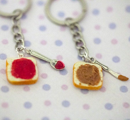 Miniature Cute BFF Peanut Butter Strawberry Jelly Keychain Set with knife and spoon- Best Friend Forever