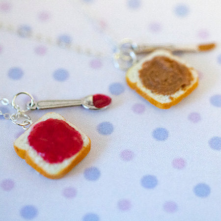 Miniature Cute BFF Peanut Butter Strawberry Jelly Heart Necklace Set with knife and spoon- Best Friend Forever