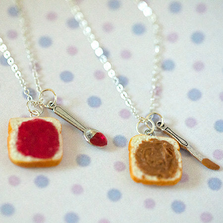 Miniature Cute BFF Peanut Butter Strawberry Jelly Heart Necklace Set with knife and spoon- Best Friend Forever