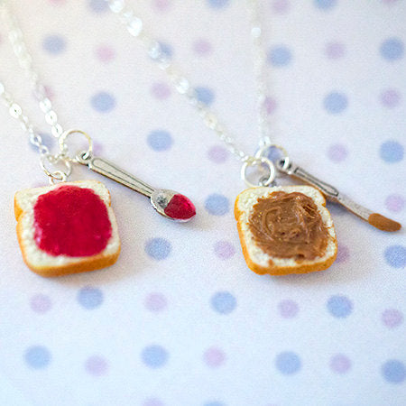 Miniature Cute BFF Peanut Butter Strawberry Jelly Heart Necklace Set with knife and spoon- Best Friend Forever