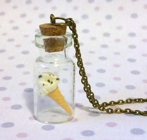 Miniature Food Necklace Vanilla Ice Cream with Silver Plated or Bronze Chain