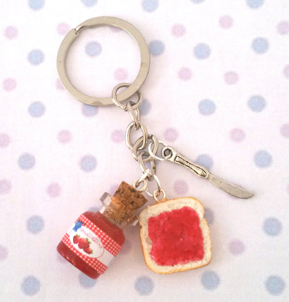 Miniature Cute Strawberry Jelly with Bread and Knife Keychain Set Best Friend Forever