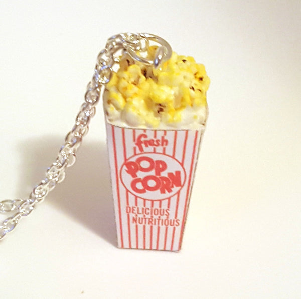 Miniature Food Movie Popcorn Necklace with Silver Plated Chain