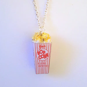 Miniature Food Movie Popcorn Necklace with Silver Plated Chain