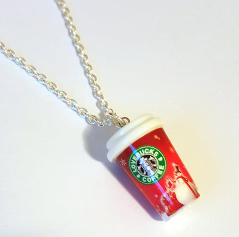 Miniature Food Necklace Starbucks Christmas Coffee Cup Silver Plated Linked Chain 24 inches