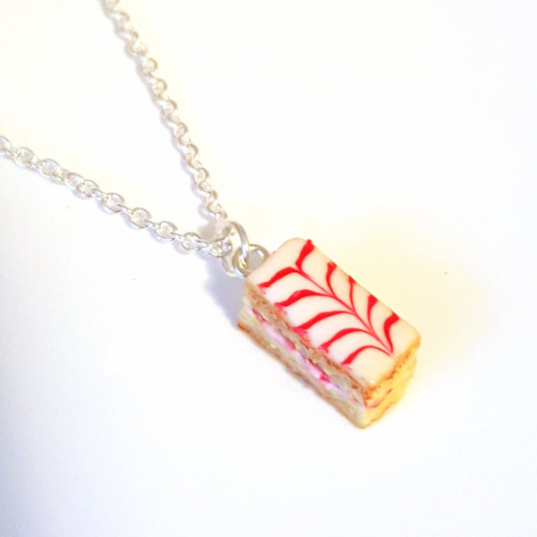 Miniature French Pastry Strawberry Mille Feuille Necklace with Silver Plated Chain