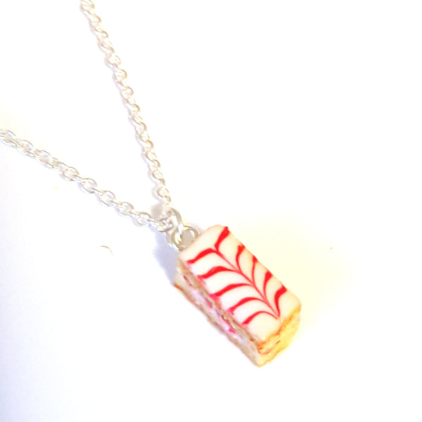 Miniature French Pastry Strawberry Mille Feuille Necklace with Silver Plated Chain