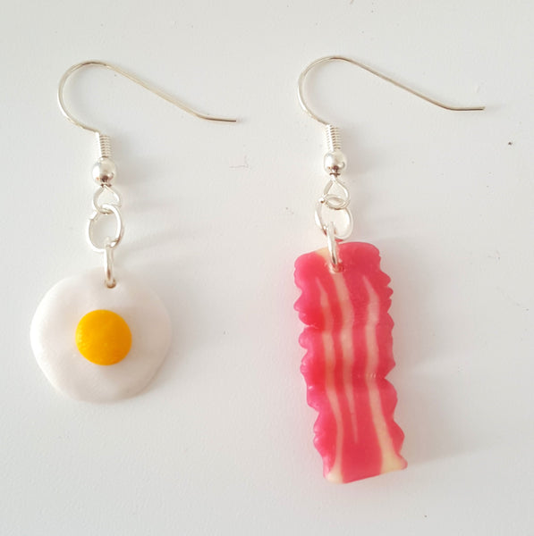 Miniature Fried egg and a Bacon Earring with Silver Plated or Sterling Silver your choice