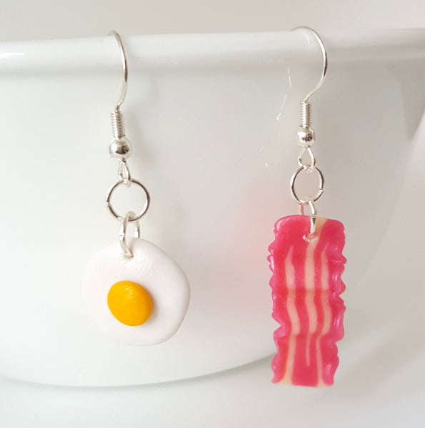 Miniature Fried egg and a Bacon Earring with Silver Plated or Sterling Silver your choice