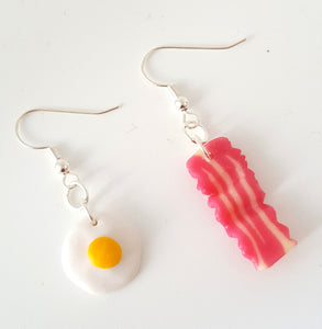 Miniature Fried egg and a Bacon Earring with Silver Plated or Sterling Silver your choice