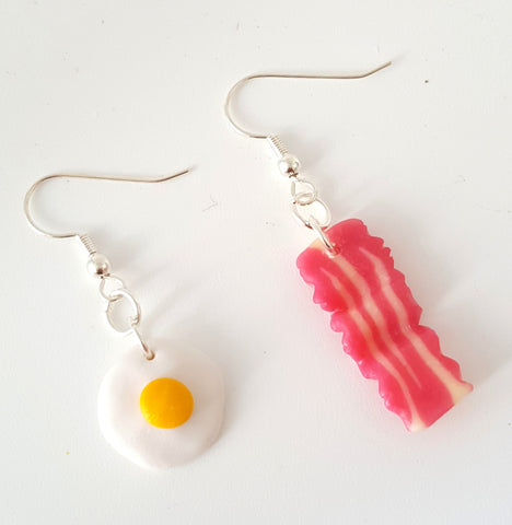 Miniature Fried egg and a Bacon Earring with Silver Plated or Sterling Silver your choice