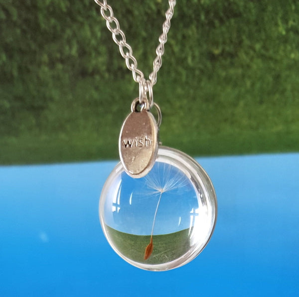 Dandelion Seed Necklace with Silver Plated Chain, Airy real Dandelion, Wish, Glass, Nature